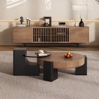 Modern Dual-Layer Coffee Table Set – Wood & Tempered Glass